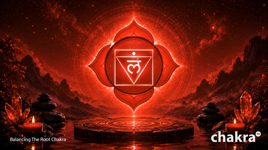 Root chakra balancing frequency cover with deep red grounding tones and meditative visual direction