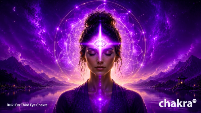 Indigo third eye Reiki meditation with soft hands, breath, and quiet inner awareness