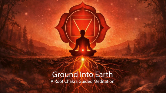 Root chakra guided meditation thumbnail with warm red grounding imagery